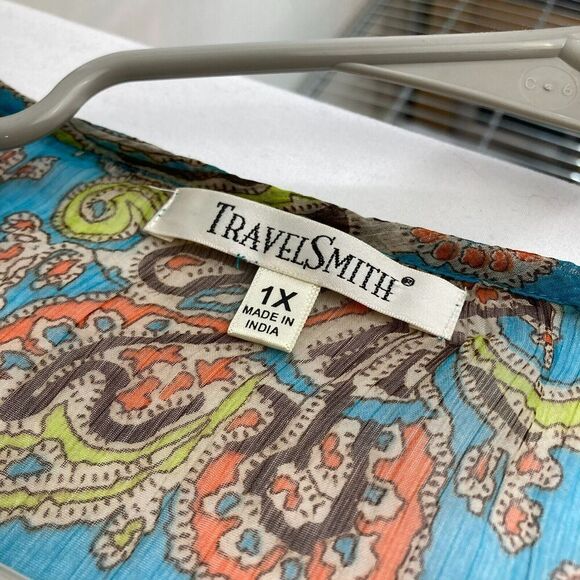 TravelSmith Women’s Turquoise Paisley Flowy Boho Artsy Airy Ruffled Top Size 1X - Picture 2 of 13